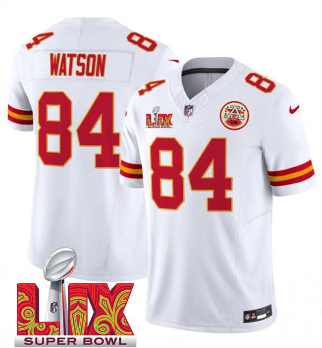 Men & Women & Youth Kansas City Chiefs #84 Justin Watson White 2025 Super Bowl LIX Patch F.U.S.E. Vapor Limited Stitched Jersey